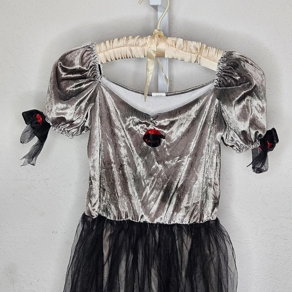 Silver Velvet Gothic Princess Costume Dress Black Tattered Tulle Kids M 8-10